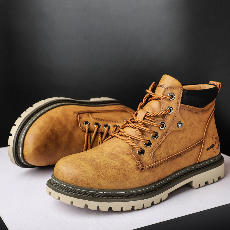 Leatherwork Boots - メンズハイカットブリティッシュスタイルモーターサイクルブーツ、耐久性のあるカウボーイアンクルシューズ、頑丈なカジュアルノンスリップレザー屋外作業用フットウェア
