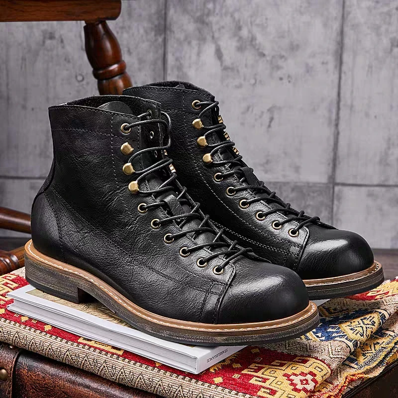 Leatherwork Boots - 手作り英国ビッグサイズ男性ブーツドレス牛革靴秋冬オートバイブーツ屋外ツーリングプラットフォームブーツ作業
