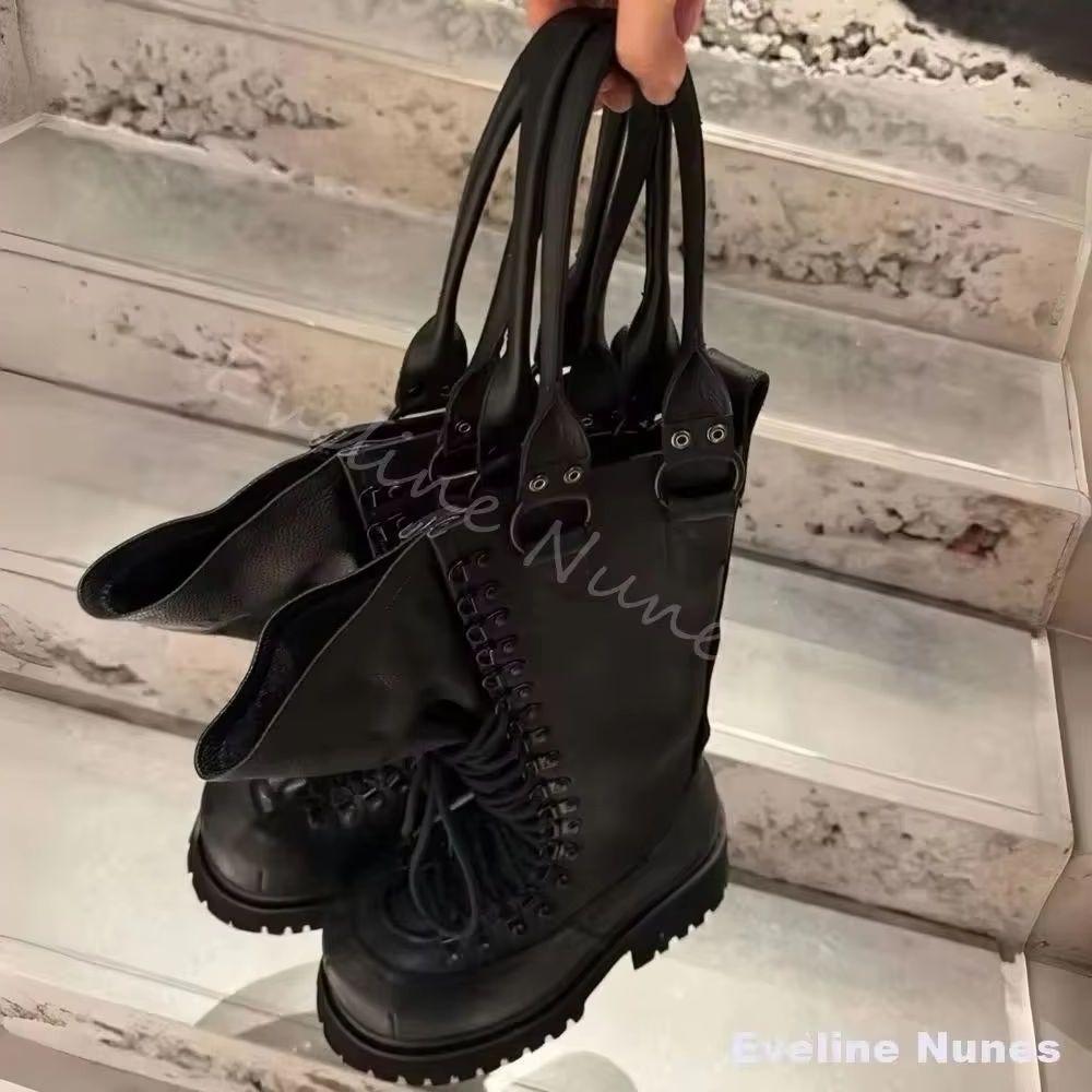 Leatherwork Boots - レトロ本革オートバイブーツ女性ビッグトゥレースアッププラットフォームニーハイワークブーツ 2026 春ホットティーズパンク乗馬ブーツ