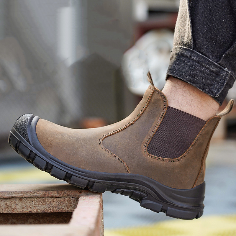 Leatherwork Boots - 大きいサイズのメンズファッション、スチールトゥカバー付きワークブーツ、牛革安全靴、黒と茶色の作業用チェルシーブーツ、保護靴