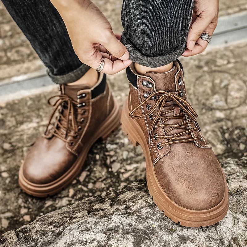 Leatherwork Boots - 四季通用 ハイカットブーツ 無地 レトロスタイル レースアップ フラット