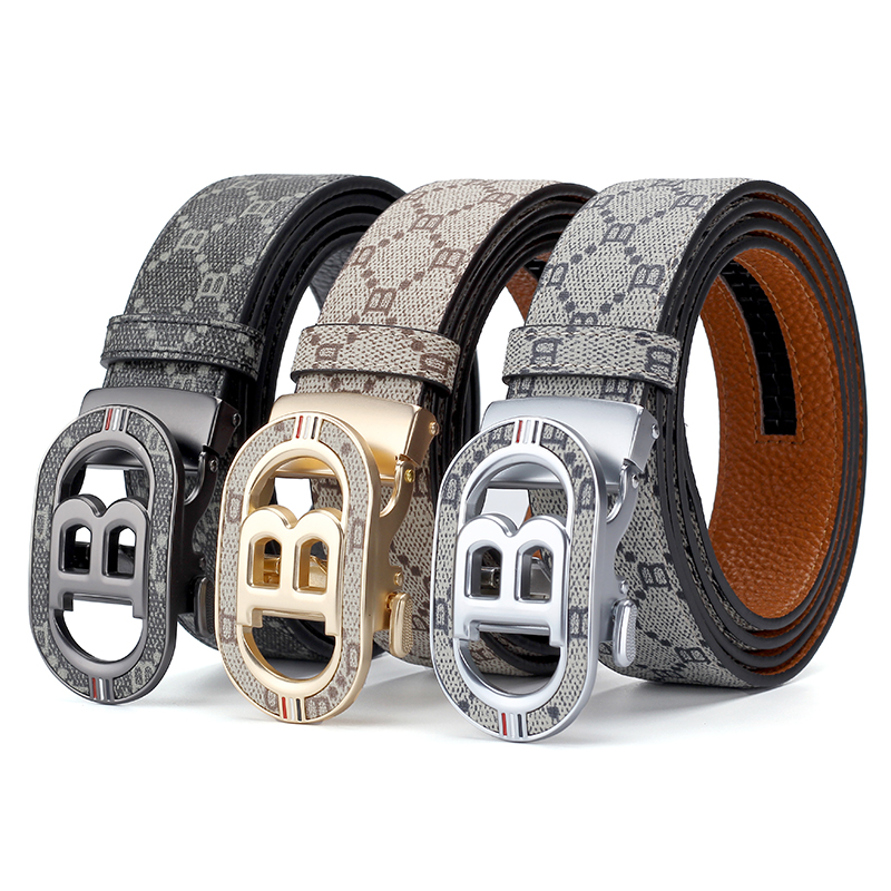 Leather Works Belt - ファッションBレターオートバックルベルト メンズ モノグラムプリントPUレザー 調節可能なウエストストラップ 日常の仕事用