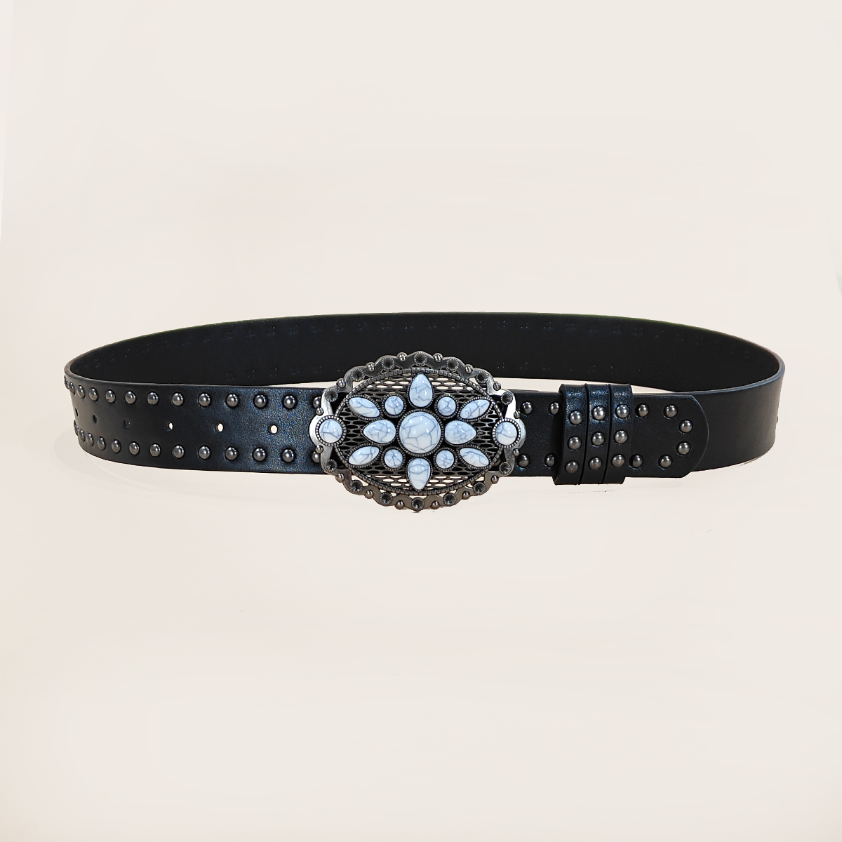 男女兼用カジュアルパンクリベットベルト、ターコイズバックル付 - Leather Works Belt のレビューと価格