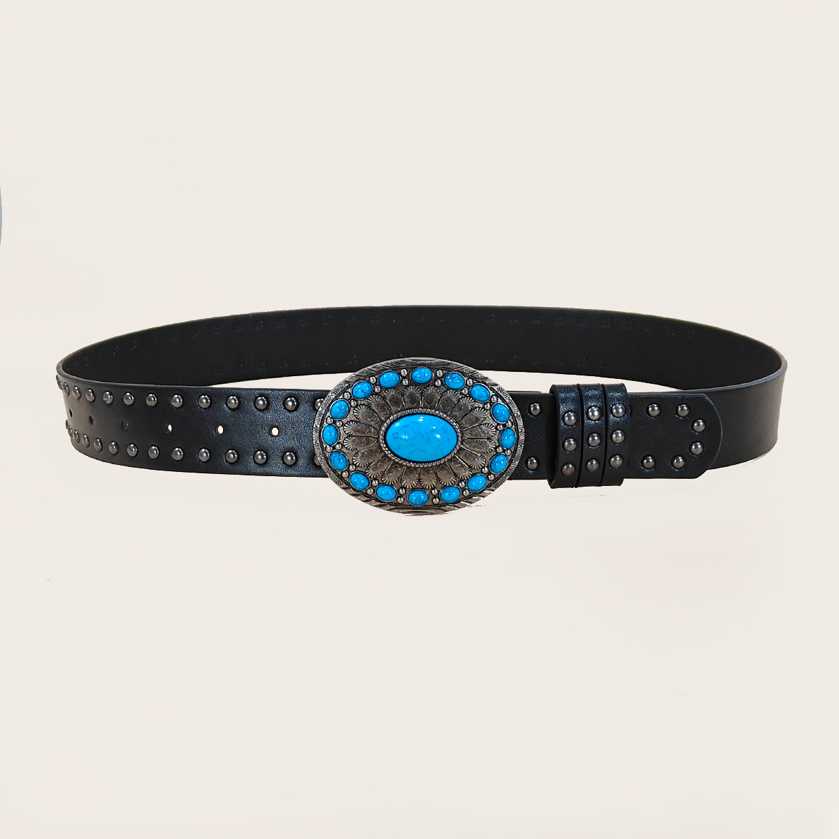 男女兼用カジュアルパンクリベットベルト、ターコイズバックル付 - Leather Works Belt のレビューと価格