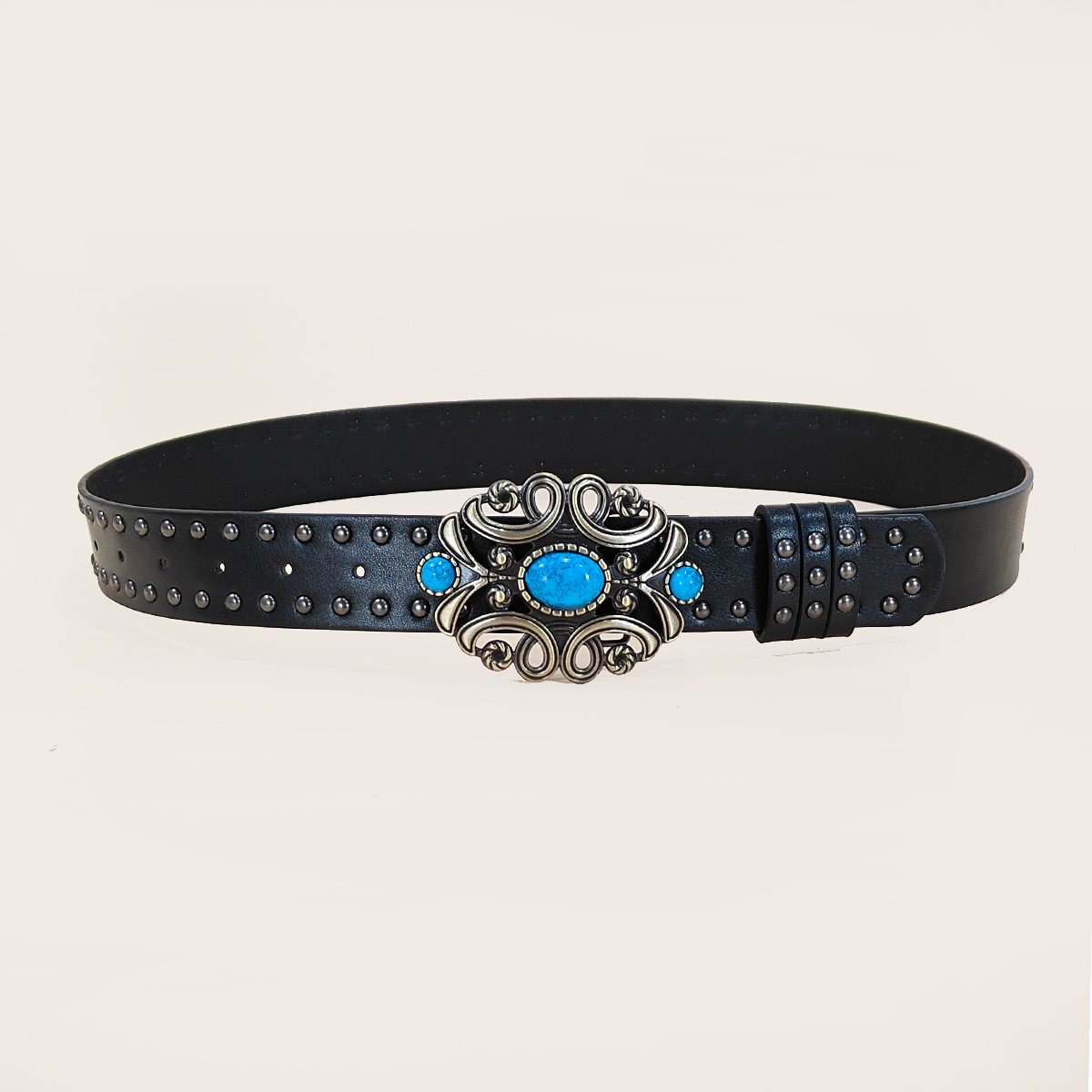 男女兼用カジュアルパンクリベットベルト、ターコイズバックル付 - Leather Works Belt のレビューと価格