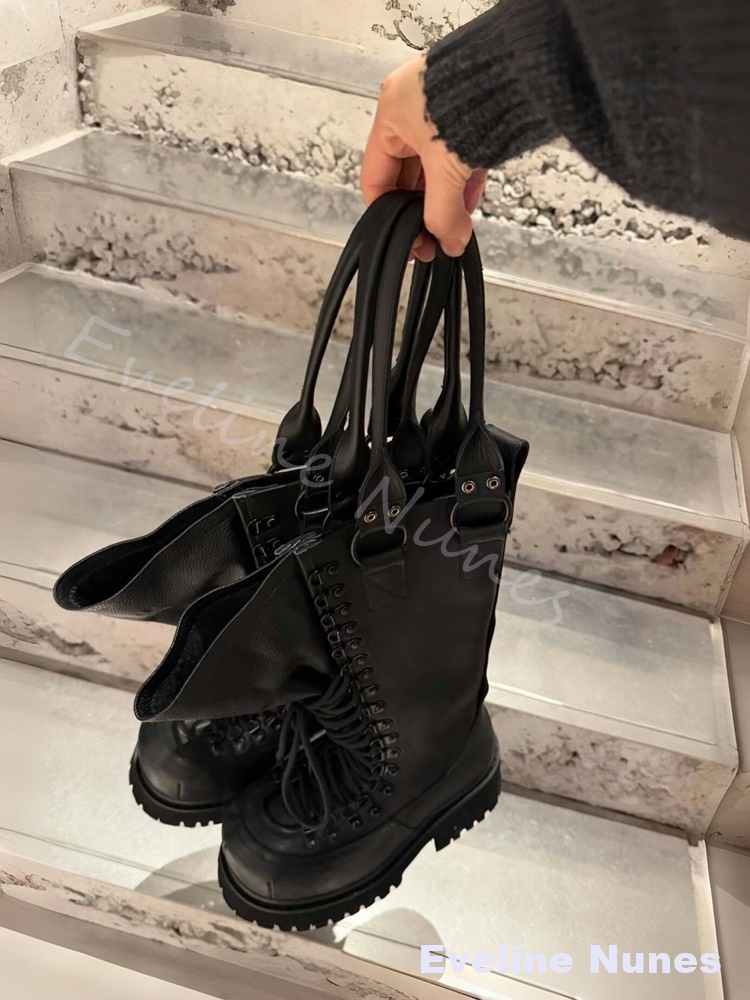 レトロ本革オートバイブーツ女性ビッグトゥレースアッププラット - Leatherwork Boots のレビューと価格