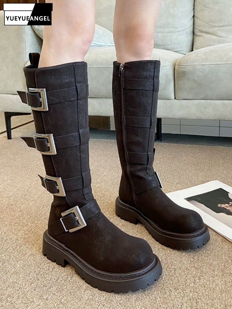 ファッション女性用マルチバックルニーハイブーツ厚底プラットフ - Leatherwork Boots のレビューと価格