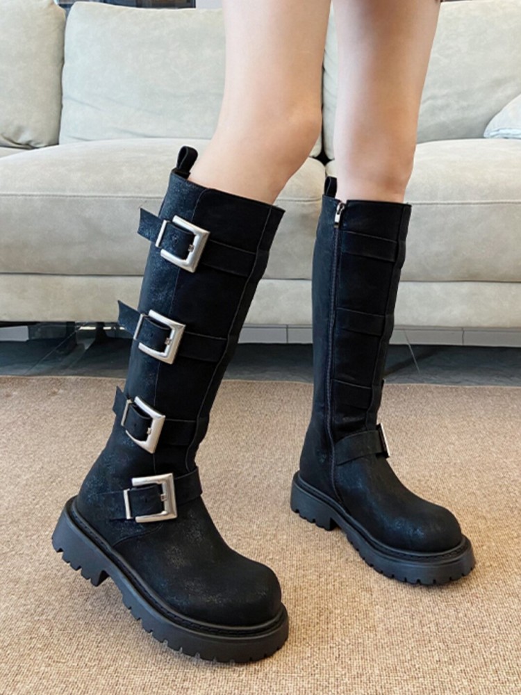 ファッション女性用マルチバックルニーハイブーツ厚底プラットフ - Leatherwork Boots のレビューと価格