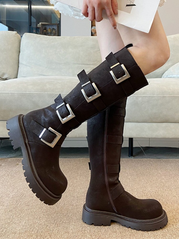 ファッション女性用マルチバックルニーハイブーツ厚底プラットフ - Leatherwork Boots のレビューと価格