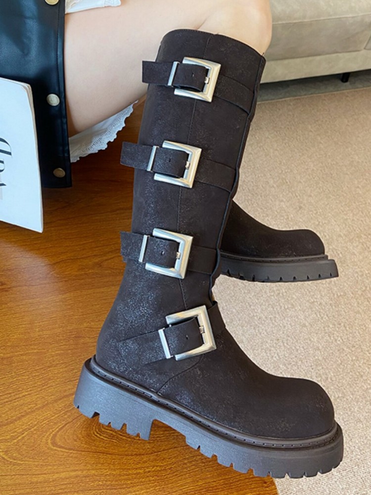 ファッション女性用マルチバックルニーハイブーツ厚底プラットフ - Leatherwork Boots のレビューと価格