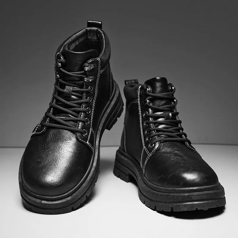 四季通用 ハイカットブーツ 無地 レトロスタイル レースアッ - Leatherwork Boots のレビューと価格