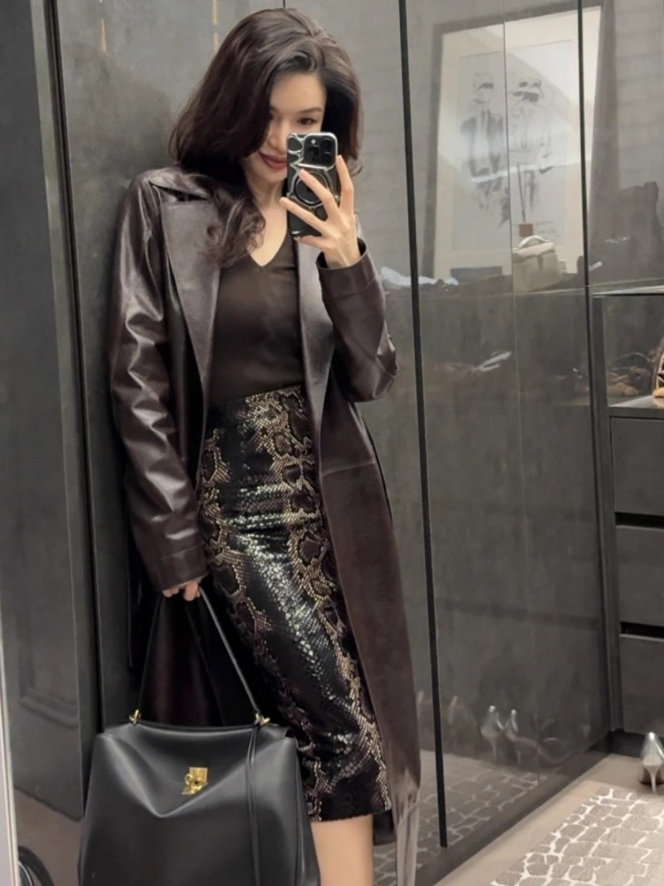 女性用本革トレンチコート,スリムフィットウインドブレーカー, - Leather Works Belt のレビューと価格