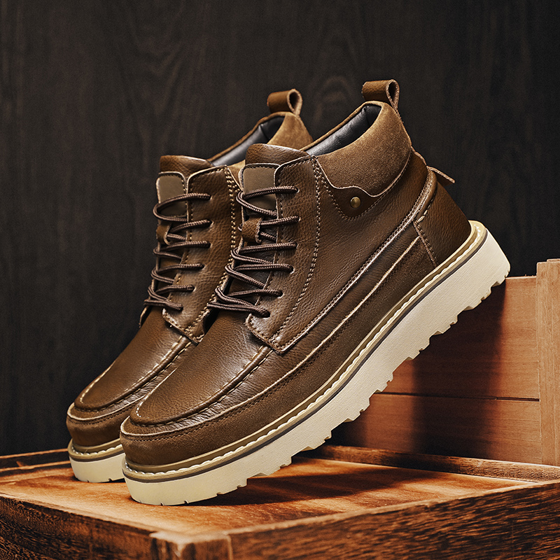 メンズブラウンフリース裏地付き暖かいハイアンクルワークブーツ - Leatherwork Boots のレビューと価格