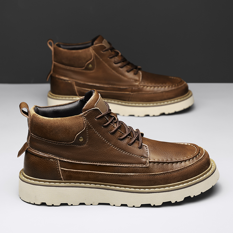 メンズブラウンフリース裏地付き暖かいハイアンクルワークブーツ - Leatherwork Boots のレビューと価格