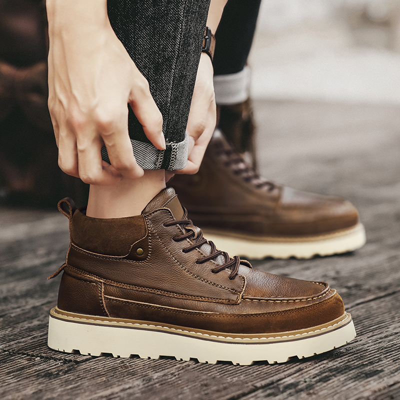 メンズブラウンフリース裏地付き暖かいハイアンクルワークブーツ - Leatherwork Boots のレビューと価格